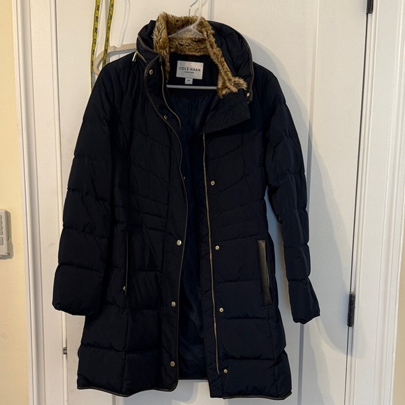 Cole Haan Women's Dark Puffer Jacket with Fur Trim - Picture 1 of 6